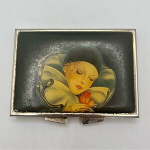 vintage art deco pill box vanity case illustrated lady compact
